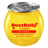 A 200ml round yellow can of BuzzBallz - Chili Mango Cocktail (13.5% ALC) with a pull-tab top—ideal for those who love bold flavors like the popular BuzzBallz Chocolate Tease Cocktail.